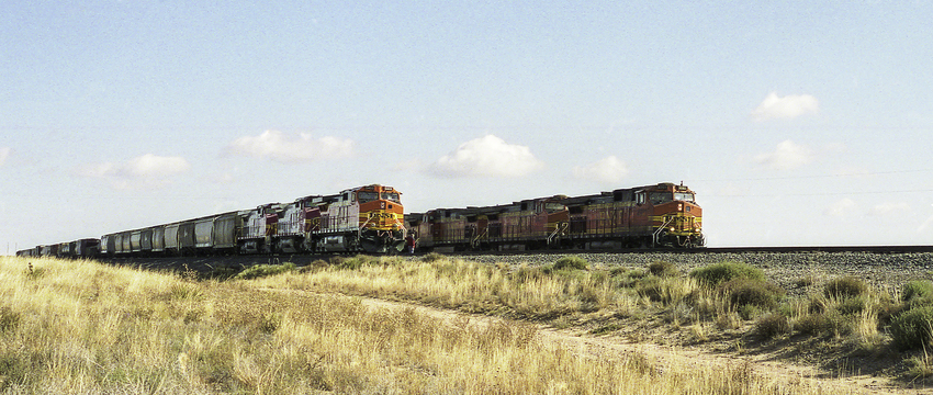 Photo of BNSF Intermodal Train Overtaking Mixed Freight Somewhere