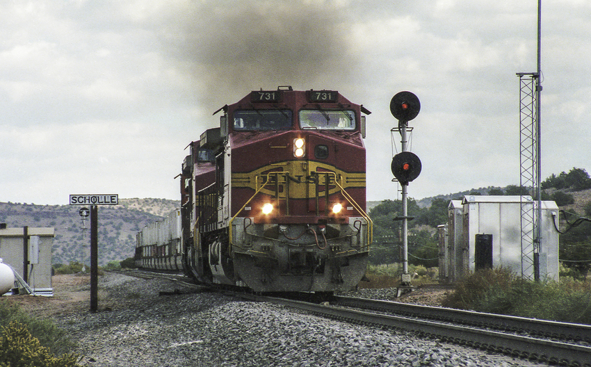 Photo of Westbound BNSF Stack Train Entering Single Track at Scholle NM