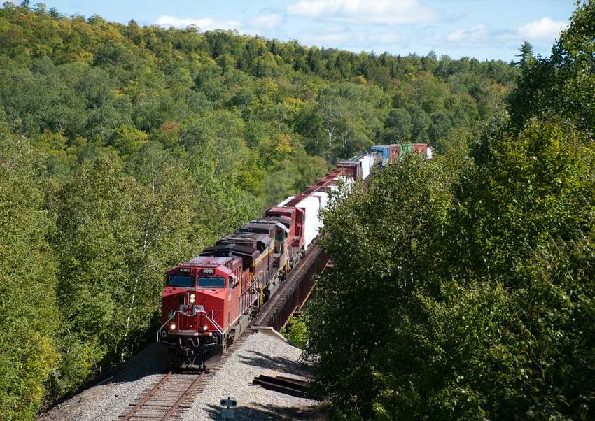 Photo of CP 8066 Leads 251 at the Onawa Trestle