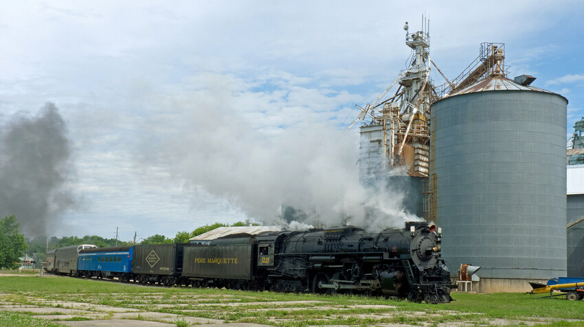 Photo of Pere Marquette 1225 charges out of Ithaca MI