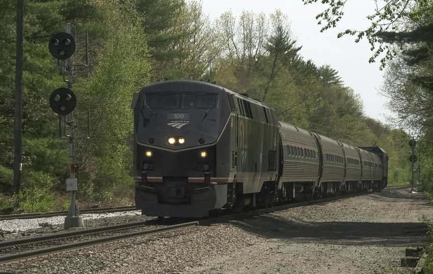Photo of AMTK 100 on a Rather Late Downeaster Train 693 at Rockingham Jct