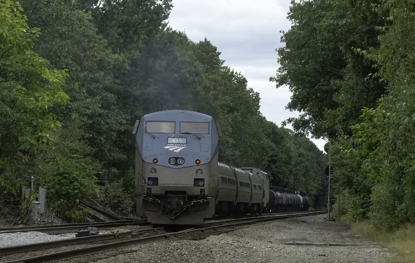 Photo of Downeaster Train 684 Completing Crossover Move at Rockingham Jct.