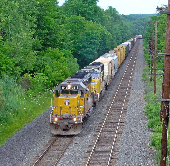 Photo of Union Pacific EMDs lead CSX manifest wb at Tribes Hill